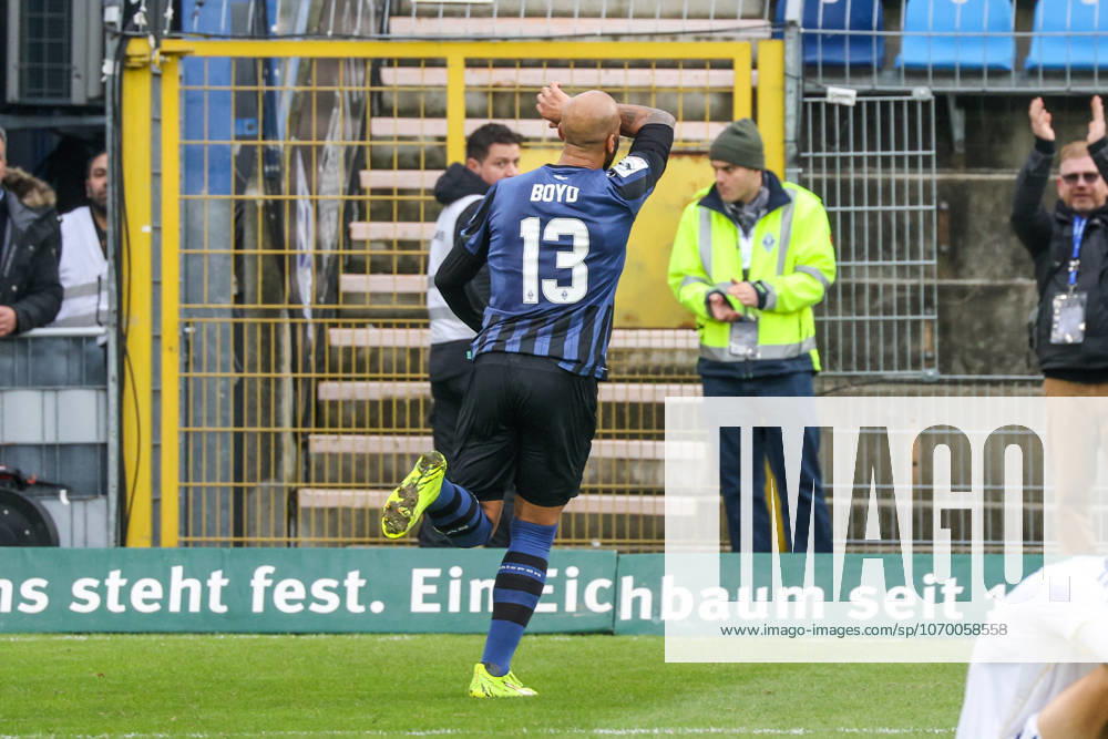 Terrence Boyd SV Waldhof Mannheim, 13 , Goal and goal celebration, Gestures, Joy, Emotions at 2 1 Soccer 3 League, Matchday 17, SV Waldhof Mannheim vs 1 FC Saarbrücken on 07 12 2025 at Mannheim Carl Benz Stadion , Germany Mannheim Carl Benz Stadion Germany
