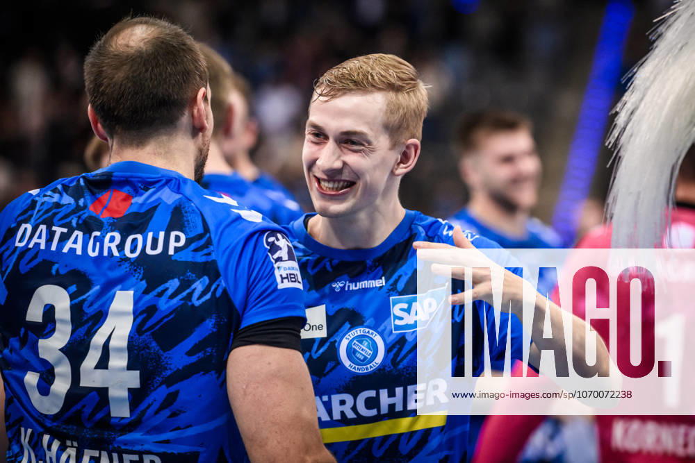 Torben Matzken TVB Stuttgart, 22 is happy with Kai Haefner TVB Stuttgart, 34 , cheers, joy, laughter GER, TVB Stuttgart SC DHfK Leipzig, DAIKIN HBL, Handball, Bundesliga, Matchday 15, Season 2025 2026, 07 12 2025 GER, TVB Stuttgart SC DHfK Leipzig, DAIKIN HBL, Handball, Bundesliga, Matchday 15, Season 2025 2026, 07 12 2025 Stuttgart