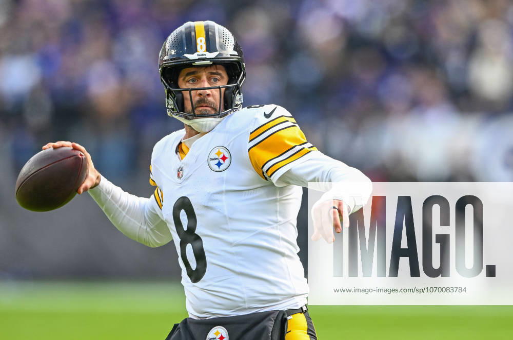 Pittsburgh Steelers quarterback Aaron Rodgers (8) throws downfield against the Baltimore Ravens during the first quarter at M&T Bank Stadium in Baltimore, Maryland, on Sunday, December 7 2025. BAL20251207133 DAVIDxTULIS