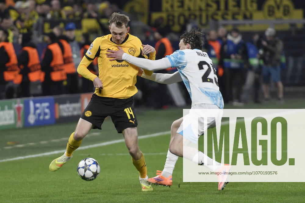 From left in duel Maximilian Beier Dortmund 14 Isak Määttä Maeaettae Bodø Glimt 25 10 12 2025 Soccer, Champions League, Borussia Dortmund vs FK Bodö Glimt, Signal Iduna Park, Dortmund,
