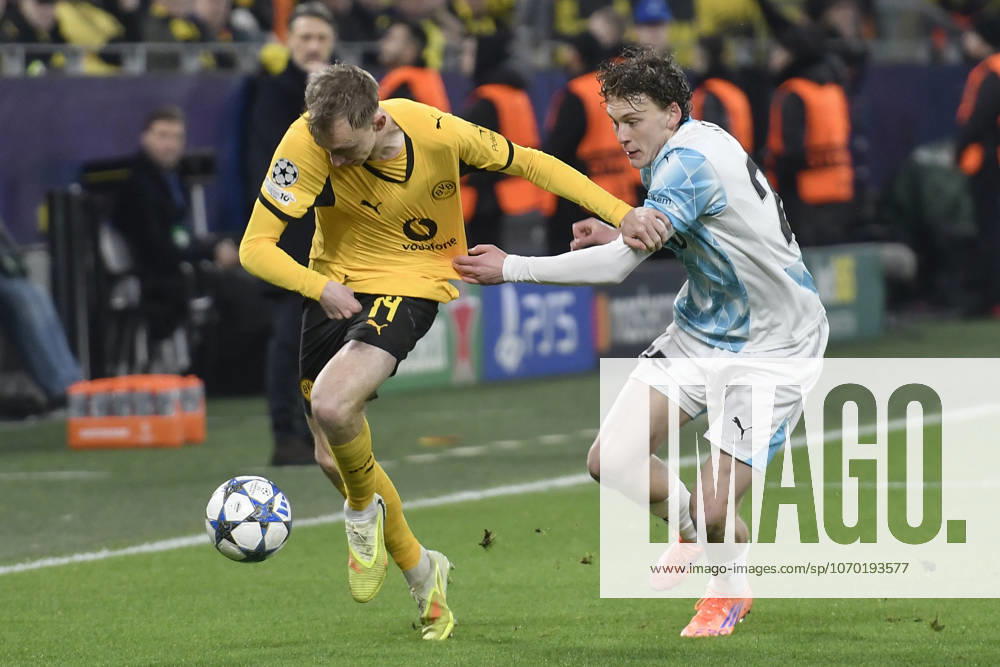 From left in duel Maximilian Beier Dortmund 14 Isak Määttä Maeaettae Bodø Glimt 25 10 12 2025 Soccer, Champions League, Borussia Dortmund vs FK Bodö Glimt, Signal Iduna Park, Dortmund,