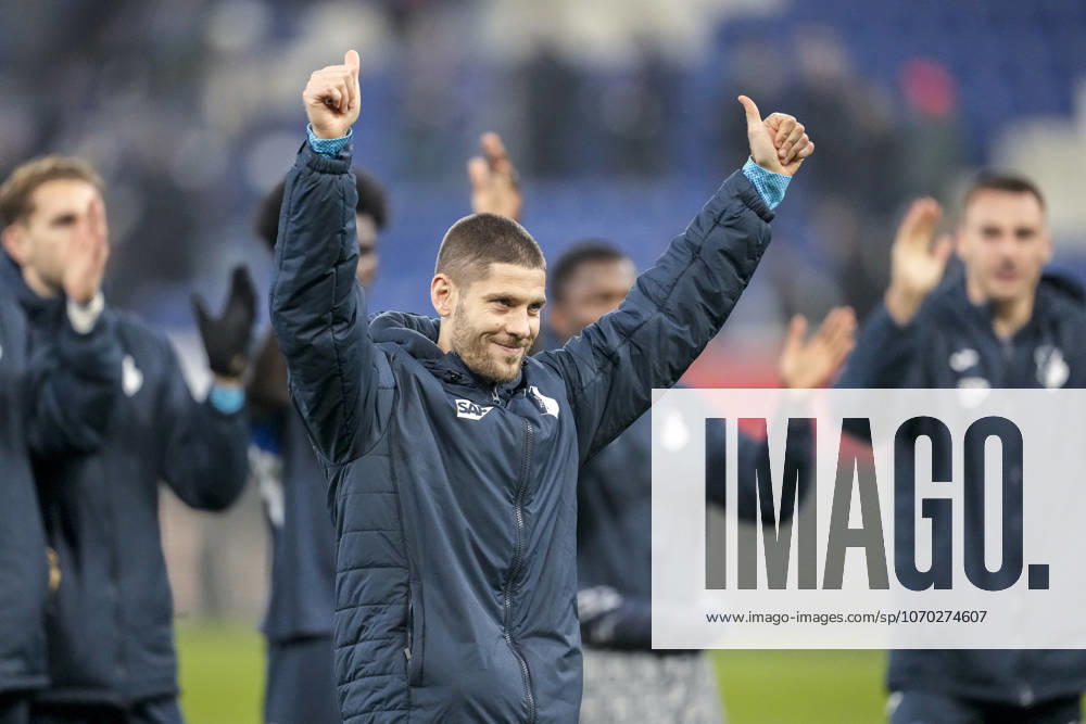 Andrej Kramaric Hoffenheim, 27 , player of TSG 1899 Hoffenheim, cheering after the final whistle, joy about the victory, winner, winner, cheers, cheering, cheerful, positive, happy, rejoicing, optimistic, highlight, action, 13 12 2025, Sinsheim Germany , football, Bundesliga, TSG 1899 Hoffenheim Hamburger SV, DFB DFL REGULATIONS PROHIBIT ANY USE OF PHOTOGRAPHS AS IMAGE SEQUENCES AND OR QUASI VIDEO