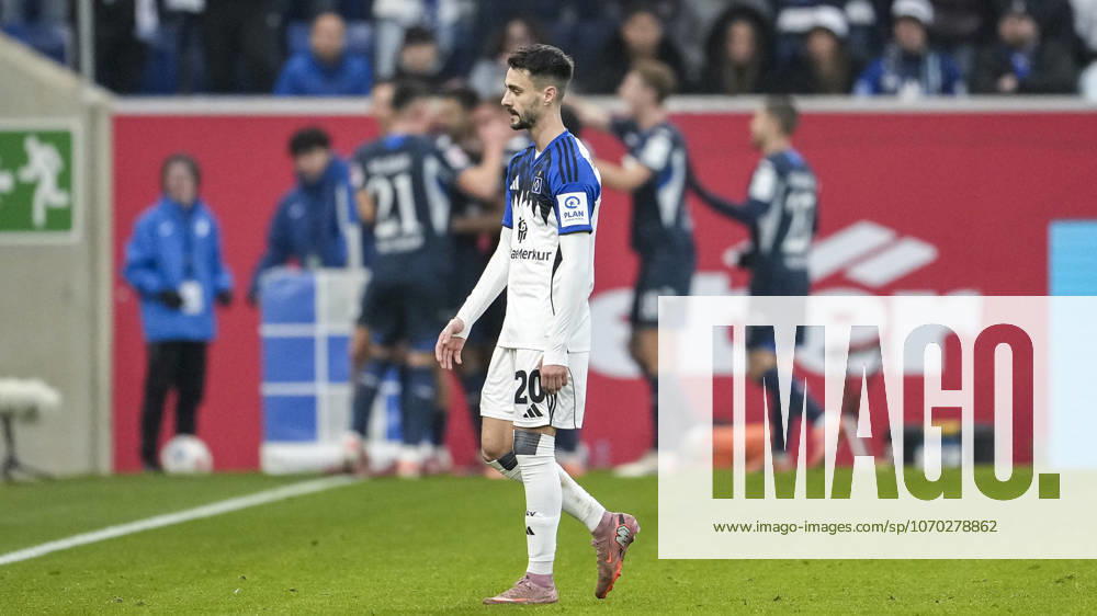 Fabio Vieira HSV, 20 , Player of Hamburger SV HSV , looking disappointed, disappointment, frustration, disappointed, pessimistic, after the conceded goal to 2 0, action, action scene, 13 12 2025, Sinsheim Germany , Football, Bundesliga, TSG 1899 Hoffenheim Hamburger SV, DFB DFL REGULATIONS PROHIBIT ANY USE OF PHOTOGRAPHS AS IMAGE SEQUENCES AND OR QUASI VIDEO
