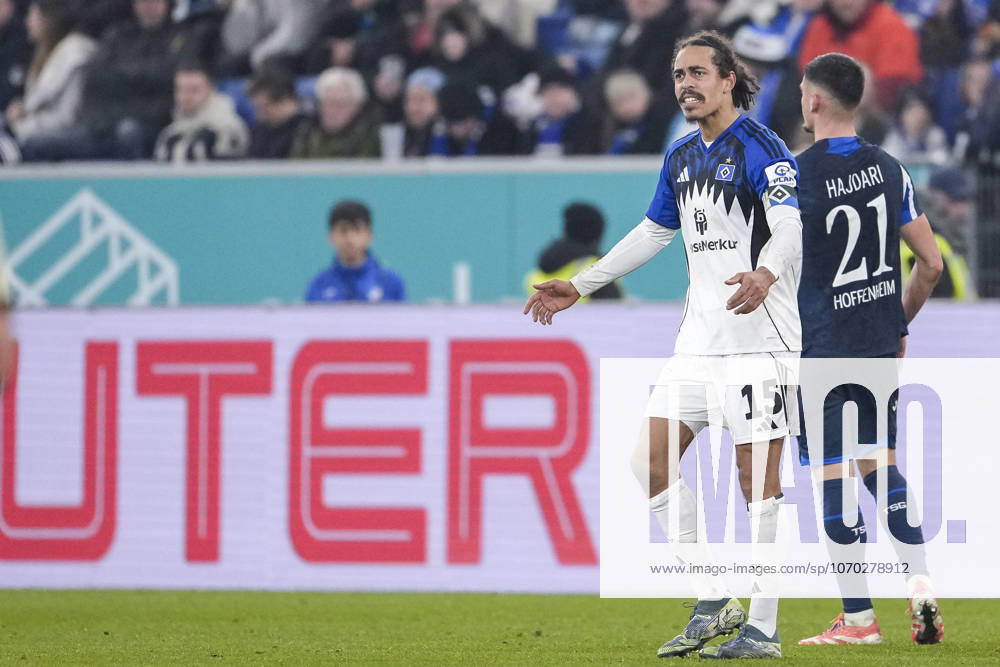 Yussuf Poulsen HSV, 15 , Player of Hamburger SV HSV , looking disappointed, disappointment, frustration, disappointed, pessimistic, action, action scene, 13 12 2025, Sinsheim Germany , Football, Bundesliga, TSG 1899 Hoffenheim Hamburger SV, DFB DFL REGULATIONS PROHIBIT ANY USE OF PHOTOGRAPHS AS IMAGE SEQUENCES AND OR QUASI VIDEO