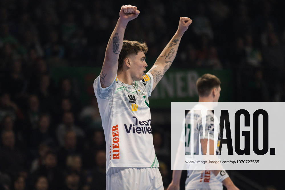 Victor KLOEVE FRISCH AUF Goeppingen, 07 jubilation, joy, passion, success, emotion, enthusiasm, positive emotions GER, Fuechse Berlin vs FRISCH AUF Goeppingen, Handball, Bundesliga, Matchday 19, Season 2025 2026, 27 12 2025, GER, Fuechse Berlin vs FRISCH AUF Goeppingen, Handball, Bundesliga, Matchday 19, Season 2025 2026, 27 12 2025, Berlin