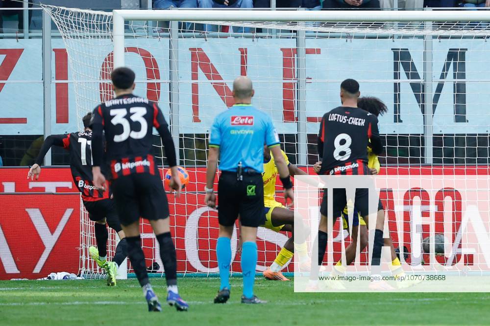 Christian Pulisic of AC Milan scores the goal for 1-0 in the 46th minute during the match of 17th day of the Serie A Championship between AC Milan - Hellas Verona FC at the San Siro Stadium on 28 December 2025 in Milano, MI. during AC Milan vs Hellas Verona FC, Italian soccer Serie A match in Milan, Italy, December 28 2025