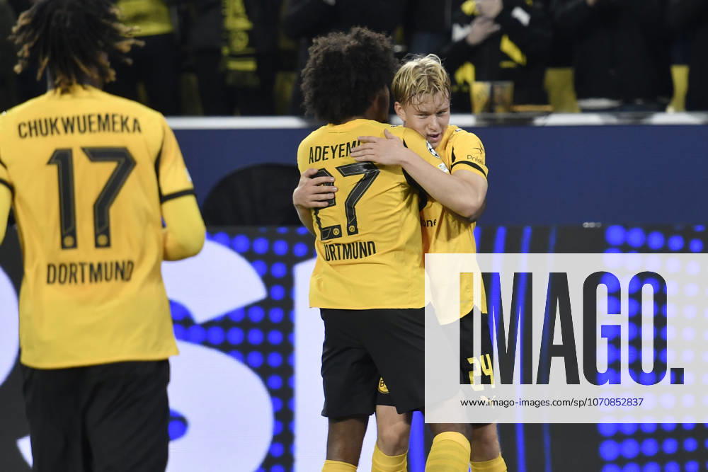 Daniel Svensson Dortmund 24 celebrates after scoring the 1-0 goal with Karim Adeyemi Dortmund 27 01 10 2025 Soccer, Champions League, Borussia Dortmund vs Athletic Club de Bilbao, Signal Iduna Park, Dortmund,