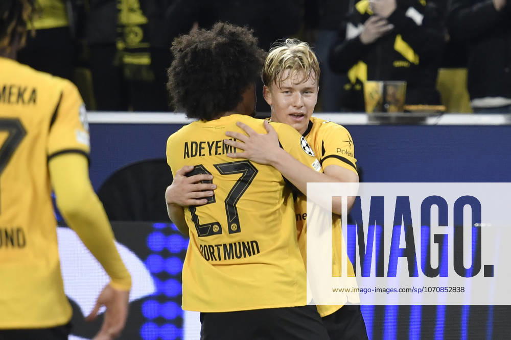 Daniel Svensson Dortmund 24 celebrates after scoring the 1-0 goal with Karim Adeyemi Dortmund 27 01 10 2025 Soccer, Champions League, Borussia Dortmund vs Athletic Club de Bilbao, Signal Iduna Park, Dortmund,
