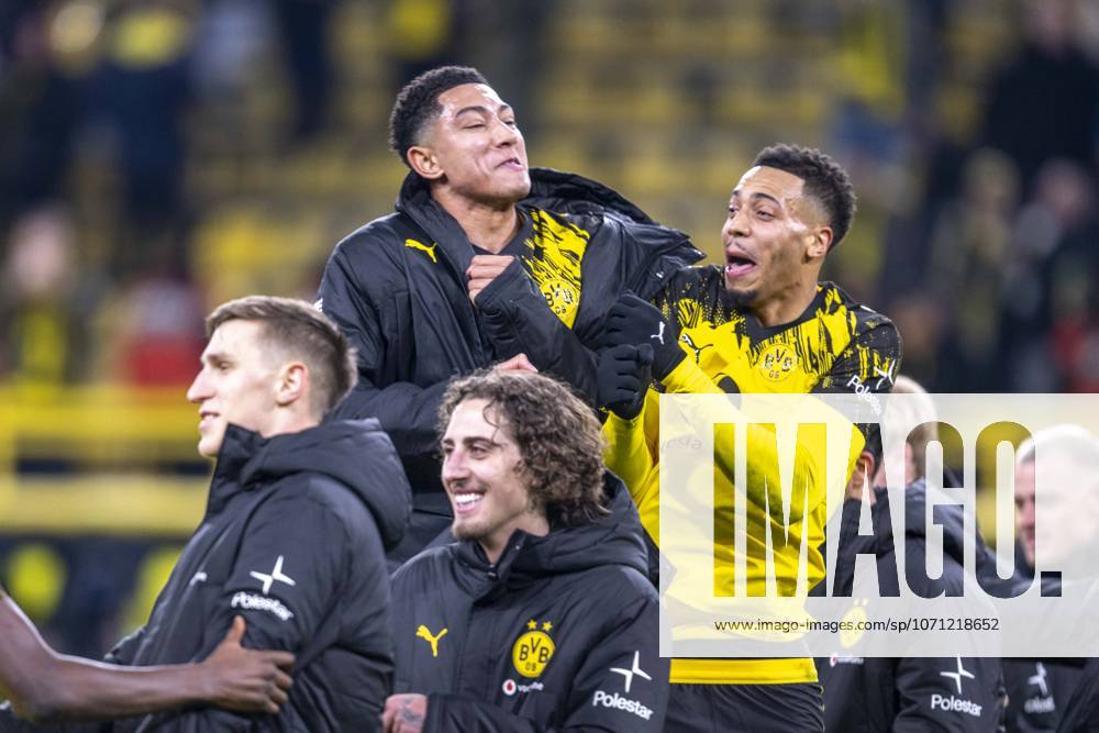 Football Borussia Dortmund SV Werder Bremen, Matchday 17 at Signal Iduna Park Jobe Bellingham Borussia Dortmund and Felix Nmecha Borussia Dortmund cheer IMPORTANT NOTE In accordance with the regulations of the DFL and the DFB, it is prohibited to use or have used photographs taken in the stadium and or of the match in the form of sequential images and or video-like photo series