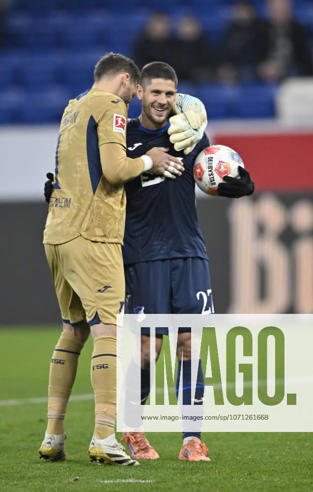 After the end of the match final cheers, joy, happiness, jubilation Goalkeeper Oliver Baumann TSG 1899 Hoffenheim 01 Andrej Kramaric TSG 1899 Hoffenheim 27 TSG 1899 Hoffenheim vs Borussia Moenchengladbach BMG 14 01 2026 DFL REGULATIONS PROHIBIT ANY USE OF PHOTOGRAPHS AS IMAGE SEQUENCES AND OR QUASI VIDEO TSG 1899 Hoffenheim vs Borussia Moenchengladbach BMG Sinsheim