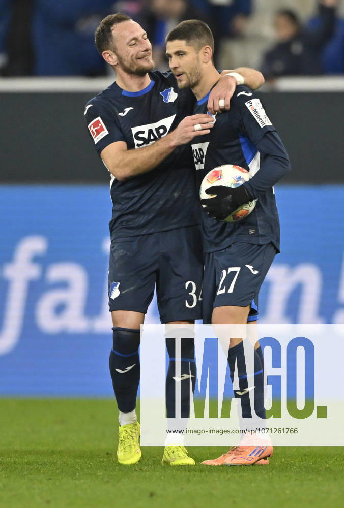 After the end of the match final cheers, joy, happiness, jubilation Andrej Kramaric TSG 1899 Hoffenheim 27 Vladimir Coufal TSG 1899 Hoffenheim 34 TSG 1899 Hoffenheim vs Borussia Moenchengladbach BMG 14 01 2026 DFL REGULATIONS PROHIBIT ANY USE OF PHOTOGRAPHS AS IMAGE SEQUENCES AND OR QUASI VIDEO TSG 1899 Hoffenheim vs Borussia Moenchengladbach BMG Sinsheim