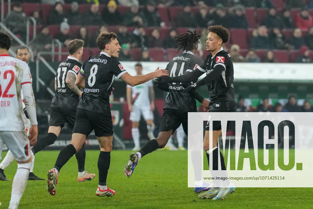 Maximilian Eggestein SC Freiburg, 08 and Derry Scherhant SC Freiburg, 07 Goal celebration, Emotions, Goal shot, Goal, Goal, Goal, Germany, Football, 1 Bundesliga, 18 Matchday, 2025 2026, FC Augsburg vs SC Freiburg, 18 01 2026, WWK Arena, Augsburg, Germany DFL REGULATIONS PROHIBIT ANY USE OF PHOTOGRAPHS AS IMAGE SEQUENCES AND OR QUASI VIDEO Augsburg WWK Arena Bayern Germany