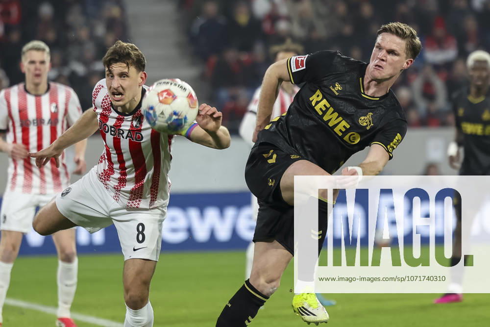 Maximilian Eggestein SC Freiburg, 08 and Marius Bülter, Bulter 1 FC Köln, 30 in duel , Germany, Soccer, 1 Bundesliga, 19 Matchday, 2025 2026, SC Freiburg vs 1 FC Köln, 25 01 2026, Freiburg im Breisgau Europa Park Stadion Germany