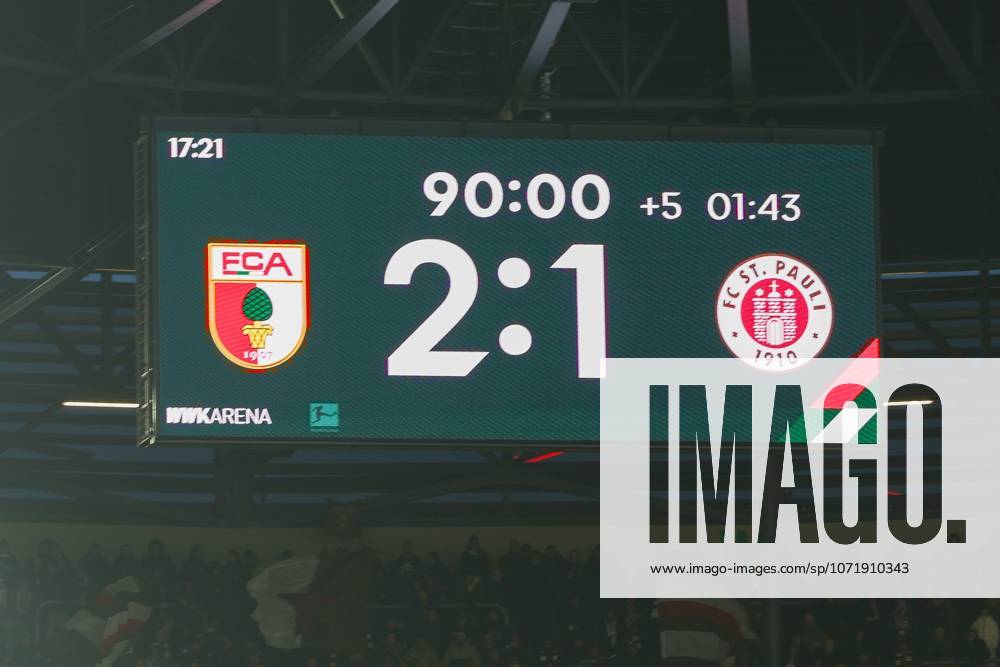Final score on the scoreboard 2 1, FC Augsburg vs FC St Pauli, Football, 1 Bundesliga, 20 Matchday, 31 01 2026 DFB regulations prohibit any use of photographs as image sequences and or quasi video Augsburg Bayern Germany