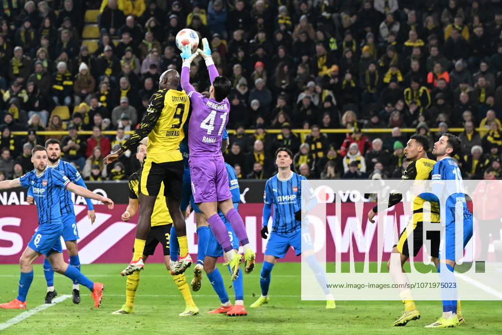 Serhou Guirassy Borussia Dortmund and goalkeeper Diant Ramaj 1 FC Heidenheim battle for the ball before the goal during the Bundesliga match between Borussia Dortmund and 1 FC Heidenheim 1846, Signal Iduna Park on February 01, 2026 in Dortmund, Germany, Germany Photo by Ralf Treese DeFodi Images Serhou Guirassy Borussia Dortmund and goalkeeper Diant Ramaj 1 FC Heidenheim battle for the ball during the Bundesliga match between Borussia Dortmund and 1 FC Heidenheim 1846 at Signal Iduna Park on February 1, 2026 in Dortmund, Germany Photo by Ralf Treese DeFodi Images DFL regulations prohibit any use of photographs as image sequences and or quasi video Photo by Ralf Treese DeFodi Images