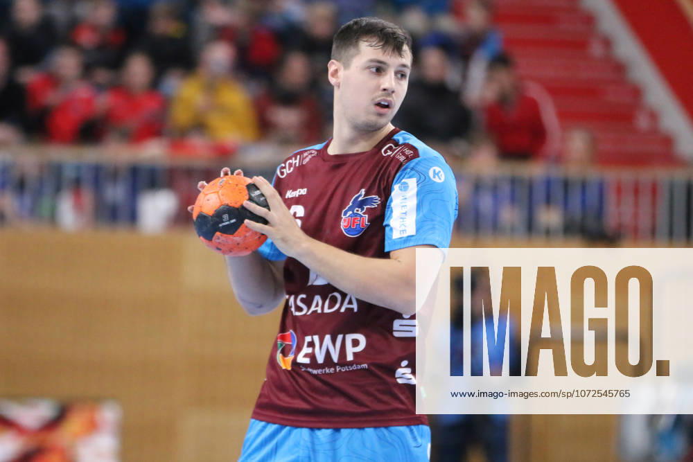 Handball Men 2025 2026 2 Handball Bundesliga 19 Matchday 1 VfL Potsdam Dessau Roßlauer HV 06 MBS Arena Potsdam Markus Mahr Potsdam, 6, red on the ball Potsdam Brandenburg Germany