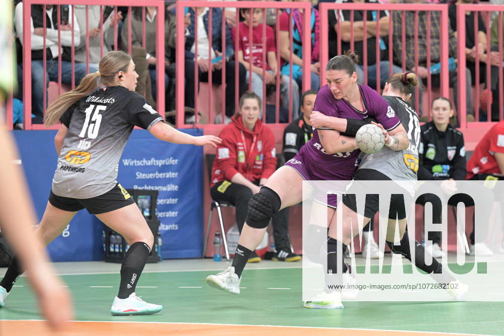 Gabriela Clausson Bitolo TusSies Metzingen, 22 vs Lucy Strauchmann SV Union Halle Neustadt, 78 and Fabienne Buech SV Union Halle Neustadt, 15 TusSies Metzingen vs SV Union Halle Neustadt, handball, Alsco HBF, 17 league matchday, 2025 2026 season, 15 02 2026 TusSies Metzingen vs SV Union Halle Neustadt, handball, Alsco HBF, 17 league matchday, 2025 2026 season, 15 02 2026 Tuebingen