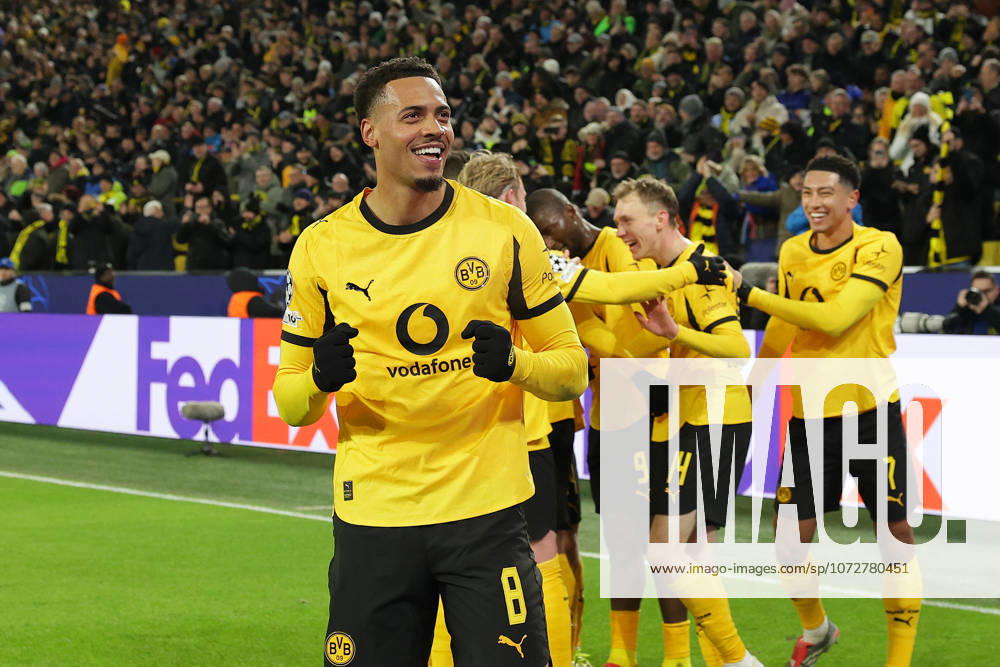 Dortmund, Germany, 17 02 26, Felix Nmecha Borussia Dortmund celebrates the 2 0 by Maximilian Beier Borussia Dortmund during the Champions League playoff match between Borussia Dortmund Atalanta Bergamo at Signal Iduna Park in Dortmund Photo by Joachim Bywaletz DFB DFL REGULATIONS PROHIBIT ANY USE OF PHOTOGRAPHS AS IMAGE SEQUENCES AND OR QUASI VIDEO