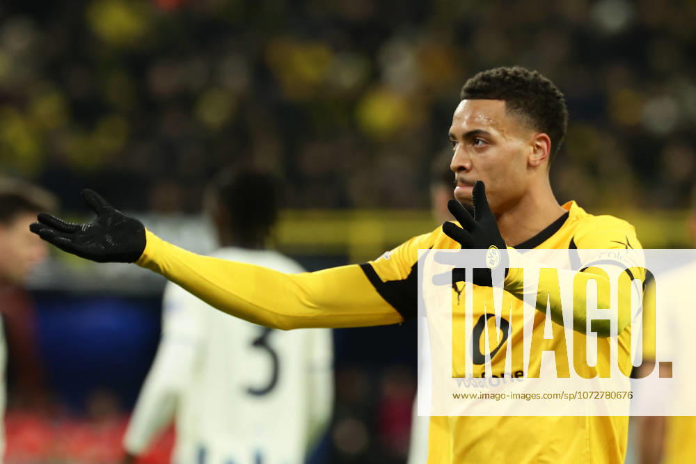 Dortmund, Germany, 17 02 26,Felix Nmecha Borussia Dortmund gestures during the Champions League playoff match between Borussia Dortmund Atalanta Bergamo at Signal Iduna Park in Dortmund Photo by Joachim Bywaletz DFB DFL REGULATIONS PROHIBIT ANY USE OF PHOTOGRAPHS AS IMAGE SEQUENCES AND OR QUASI VIDEO