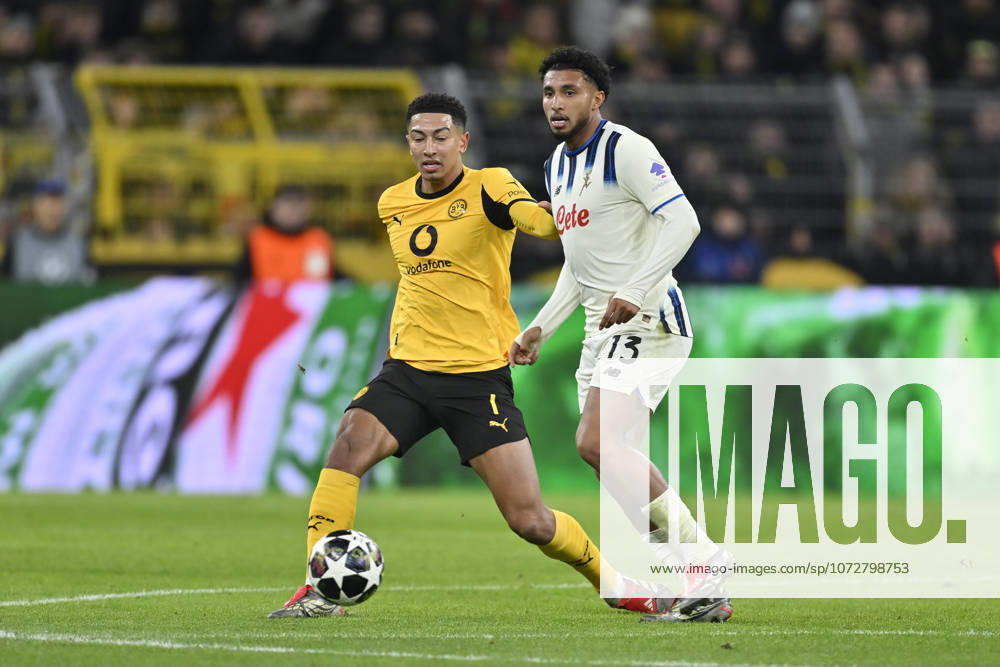 From left in duel Jobe Bellingham Dortmund 7 Ederson Atalanta 13 17 02 2026 Soccer, Champions League, Borussia Dortmund vs Atalanta Bergamo , Signal Iduna Park, Dortmund,