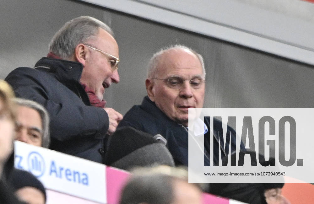On the grandstand Uli Hoeneß Hoeness Honorary President Supervisory Board FC Bayern Muenchen in conversation Discussion with FCB Karl Heinz Rummenigge FC Bayern Muenchen FCB vs Eintracht Frankfurt SGE 21 02 2026 DFL REGULATIONS PROHIBIT ANY USE OF PHOTOGRAPHS AS IMAGE SEQUENCES AND OR QUASI VIDEO FC Bayern Muenchen FCB vs Eintracht Frankfurt SGE