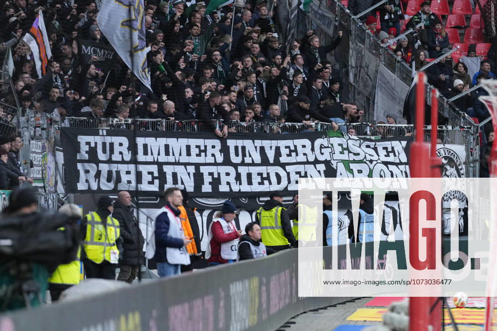 Banner of the fans and Ultras in the stands, Banner, Mourning , Germany, Football, 1 Bundesliga, Matchday 23, 2025 2026, SC Freiburg vs Borussia Mönchengladbach, 22 02 2026, Europa Park Stadion, Freiburg, Germany DFL REGULATIONS PROHIBIT ANY USE OF PHOTOGRAPHS AS IMAGE SEQUENCES AND OR QUASI VIDEO Freiburg Europa Park Stadion Baden Württemberg Germany