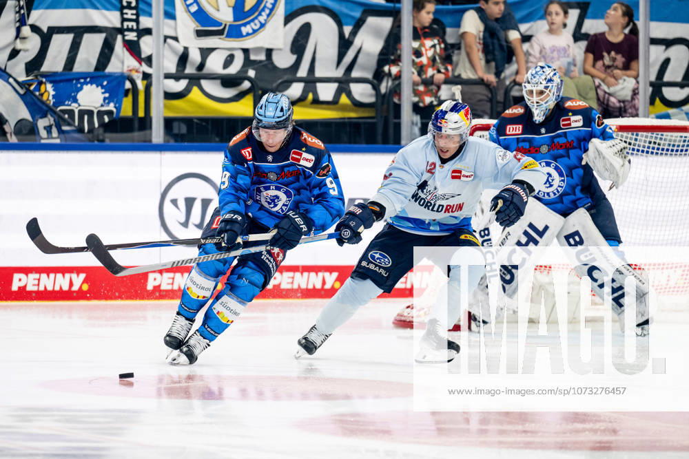 Battle for the puck duel between Myles Powell ERC Ingolstadt, 9 and Yasin Ehliz EHC Red Bull Muenchen, 42 GER, EHC Red Bull Muenchen vs ERC Ingolstadt, Ice Hockey, DEL, Matchday 45, Season 2025 2026, 25 02 2026 GER, EHC Red Bull Muenchen vs ERC Ingolstadt, Ice Hockey, DEL, Matchday 45, Season 2025 2026, 25 02 2026 Muenchen