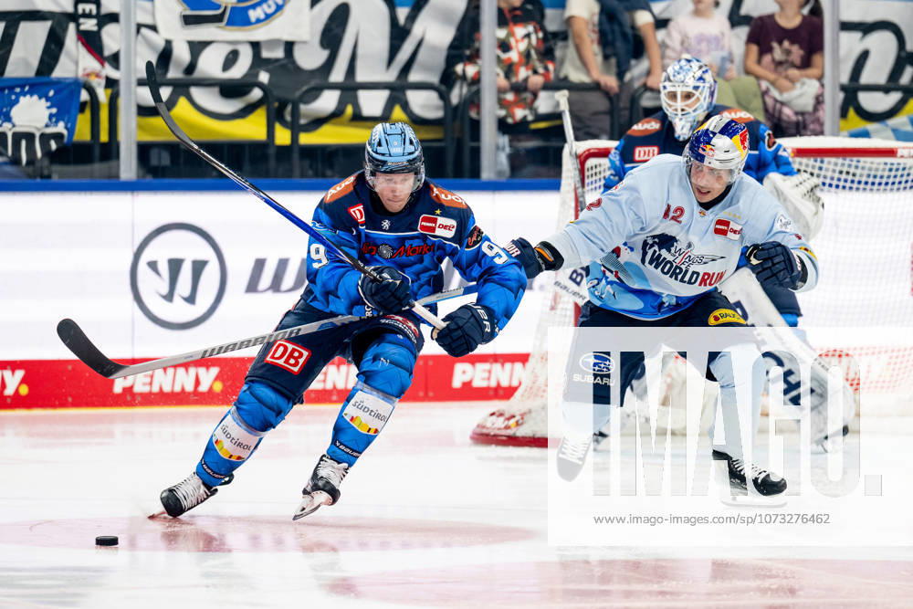 Battle for the puck duel between Myles Powell ERC Ingolstadt, 9 and Yasin Ehliz EHC Red Bull Muenchen, 42 GER, EHC Red Bull Muenchen vs ERC Ingolstadt, Ice Hockey, DEL, Matchday 45, Season 2025 2026, 25 02 2026 GER, EHC Red Bull Muenchen vs ERC Ingolstadt, Ice Hockey, DEL, Matchday 45, Season 2025 2026, 25 02 2026 Muenchen