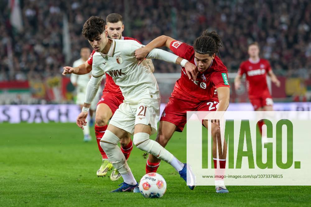 In duel, action, with Rodrigo Ribeiro 21 FC Augsburg , Jahmai Simpson Pusey 22 1 FC Koeln , FC Augsburg vs 1 FC Koeln, Football, 1 Bundesliga, 24 Matchday, 27 02 2026 DFB regulations prohibit any use of photographs as image sequences and or quasi video Augsburg Bayern Germany