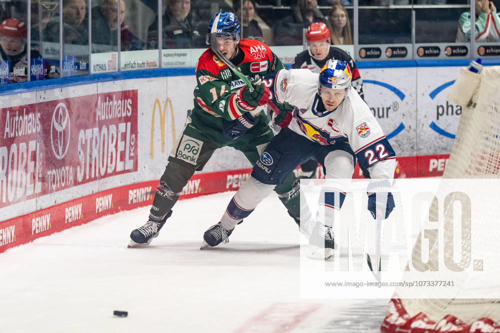 Fight for the puck duel between Donald D J Busdeker Augsburger Panther, 14 and Ville Pokka EHC Red Bull Muenchen, 22 GER, Augsburger Panther vs EHC Red Bull Muenchen, Ice Hockey, DEL, 46 Matchday, Season 2025 2026, 27 02 2026 GER, Augsburger Panther vs EHC Red Bull Muenchen, Ice Hockey, DEL, 46 Matchday, Season 2025 2026, 27 02 2026 Augsburg