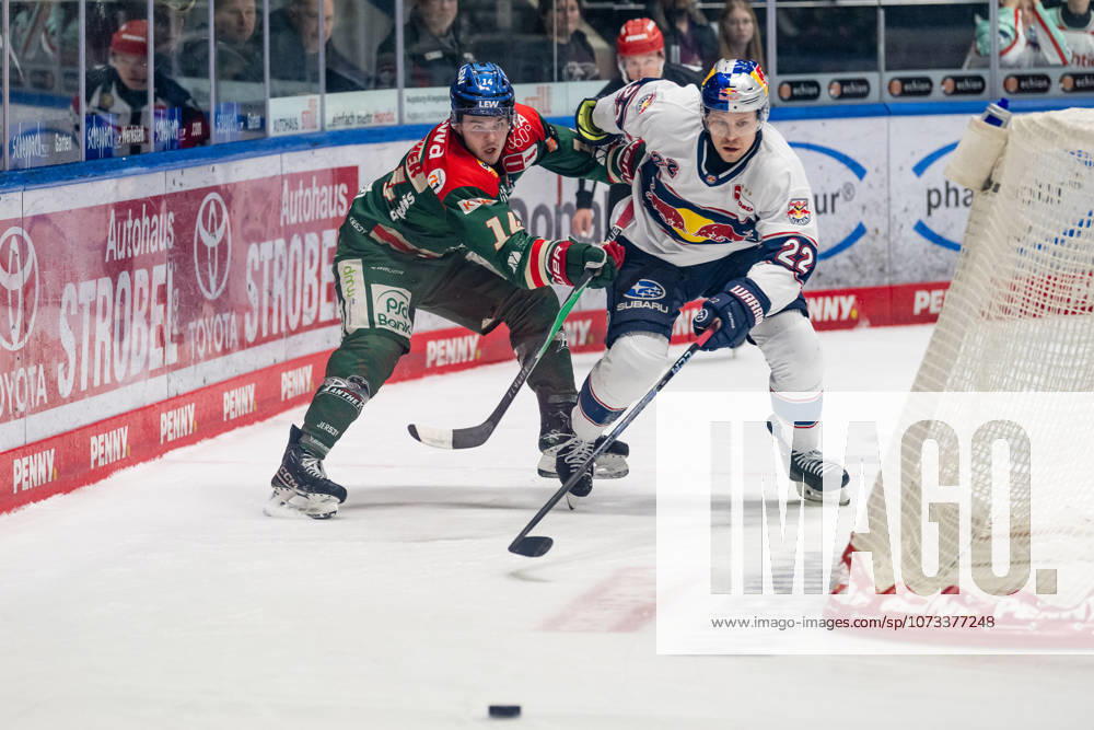 Fight for the puck duel between Donald D J Busdeker Augsburger Panther, 14 and Ville Pokka EHC Red Bull Muenchen, 22 GER, Augsburger Panther vs EHC Red Bull Muenchen, Ice Hockey, DEL, 46 Matchday, Season 2025 2026, 27 02 2026 GER, Augsburger Panther vs EHC Red Bull Muenchen, Ice Hockey, DEL, 46 Matchday, Season 2025 2026, 27 02 2026 Augsburg
