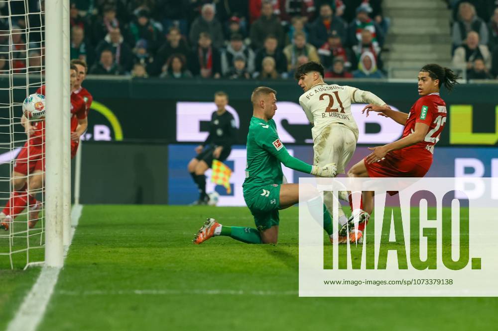 Rodrigo Ribeiro 21 FC Augsburg scores the goal for 1 0, Marvin Schwaebe 1 1 FC Koeln , Jahmai Simpson Pusey 22 1 FC Koeln , FC Augsburg vs 1 FC Koeln, Football, 1 Bundesliga, 24 Matchday, 27 02 2026 DFB regulations prohibit any use of photographs as image sequences and or quasi video Augsburg Bayern Germany