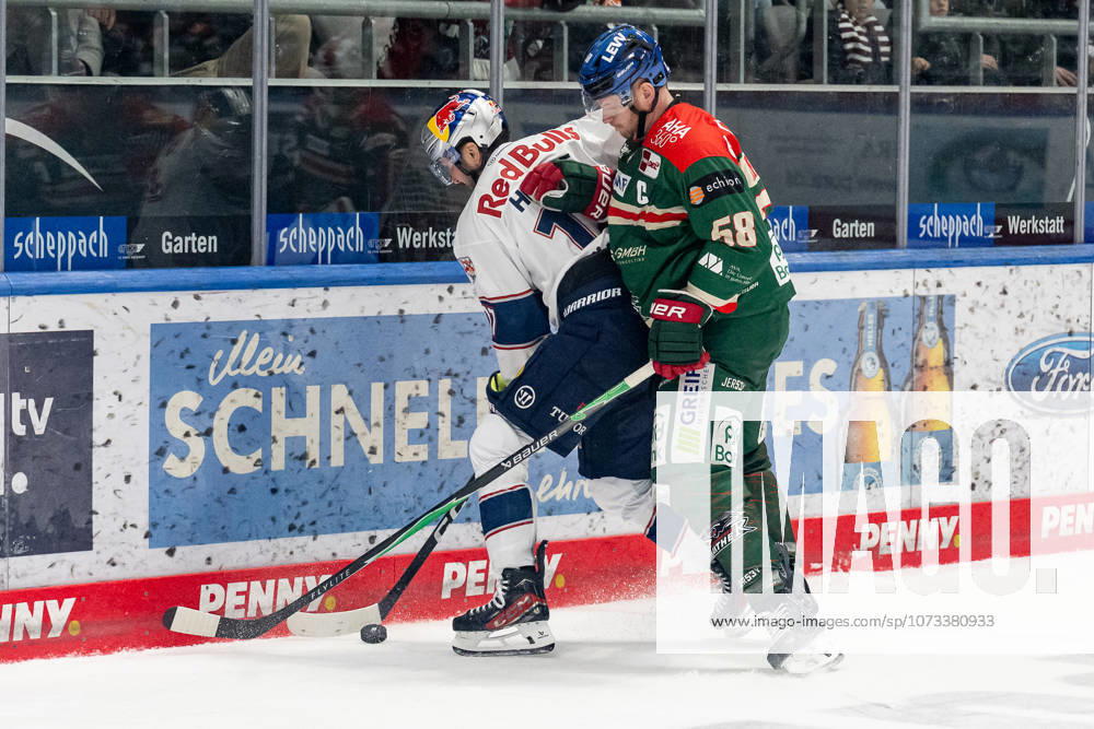Battle for the puck duel between Taro Hirose EHC Red Bull Muenchen, 17 and Maximilian Renner Augsburger Panther, 58 GER, Augsburger Panther vs EHC Red Bull Muenchen, Ice Hockey, DEL, 46 Matchday, Season 2025 2026, 27 02 2026 GER, Augsburger Panther vs EHC Red Bull Muenchen, Ice Hockey, DEL, 46 Matchday, Season 2025 2026, 27 02 2026 Augsburg