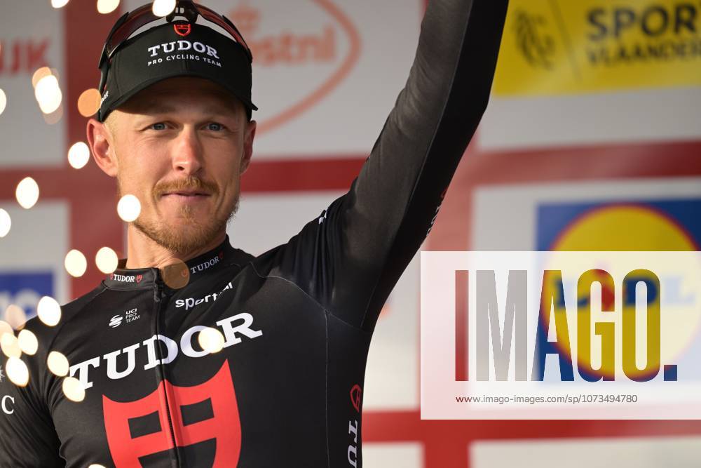 Italy s Matteo Trentin of Tudor Pro Cycling Team celebrates his third place on the podium of the 78th edition of the men elite race of the Kuurne-Brussels-Kuurne one day cycling race, 195 km from Kuurne to Kuurne via Brussels, Sunday 01 March 2026. DAVIDxPINTENS x166108764x