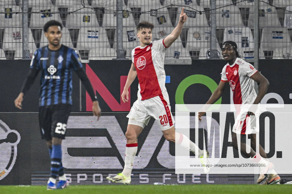 Marek Janssen Essen 20 cheers after scoring the 1 0 04 03 2026 ¢ Football ¢ Rot Weiss Essen vs SV Waldhof Mannheim, Stadion Essen, Essen, DFB DFL REGULATIONS PROHIBIT ANY USE OF PHOTOGRAPHS AS IMAGE SEQUENCES AND OR QUASI VIDEO