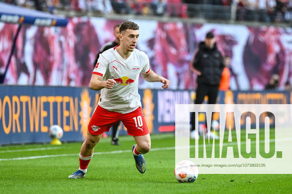 Soccer I Men I Season 2025 2026 I Bundesliga I 25 Matchday I RB Leipzig FC Augsburg I 07 03 2026 Brajan Gruda 10, RB Leipzig with ball Crop, close-up, portrait, portrait, single photo, single image, body Leipzig Red Bull Arena Saxony Germany