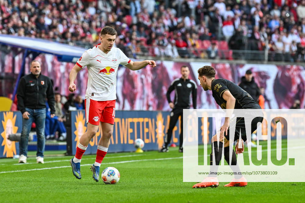 Soccer I Men I Season 2025 2026 I Bundesliga I Matchday 25 I RB Leipzig FC Augsburg I 07 03 2026 Brajan Gruda 10, RB Leipzig vs Arthur Chaves 34, FC Augsburg Leipzig Red Bull Arena Saxony Germany