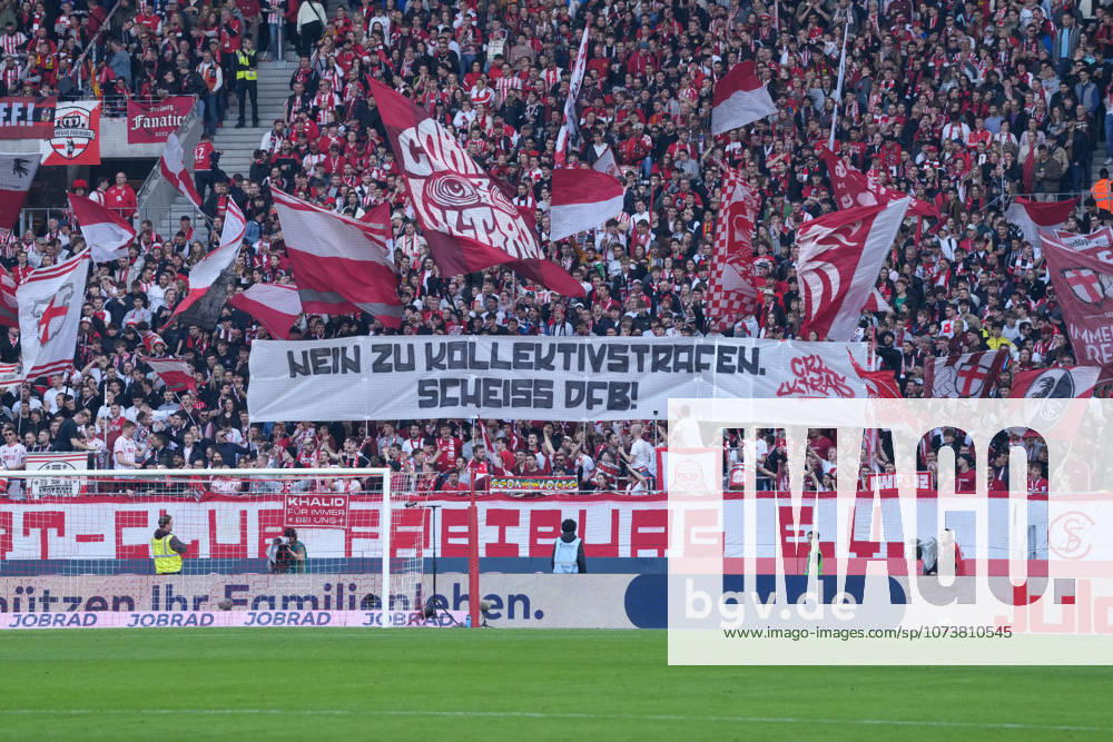 Banner of the fans and Ultras in the stands, banner, against collective punishment , Germany, Football, 1 Bundesliga, 25 Matchday, 2025 2026, SC Freiburg vs Bayer 04 Leverkusen, 07 03 2026, Europa Park Stadion, Freiburg, Germany DFL REGULATIONS PROHIBIT ANY USE OF PHOTOGRAPHS AS IMAGE SEQUENCES AND OR QUASI VIDEO Freiburg Europa Park Stadion Baden Württemberg Germany