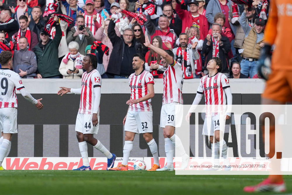 Goal celebration, Emotions, Goal shot, Goal, Goal, Goal, Goal, Johan Manzambi SC Freiburg, 44 , Vincenzo Grifo SC Freiburg, 32 , Christian Günter Christian Guenter SC Freiburg, 30 , Yuito Suzuki SC Freiburg, 14 , Germany, Football, 1 Bundesliga, 25 Matchday, 2025 2026, SC Freiburg vs Bayer 04 Leverkusen, 07 03 2026, Europa Park Stadion, Freiburg, Germany DFL REGULATIONS PROHIBIT ANY USE OF PHOTOGRAPHS AS IMAGE SEQUENCES AND OR QUASI VIDEO Freiburg Europa Park Stadion Baden Württemberg Germany