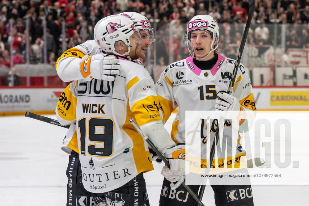 NL : Lausanne HC - HC Ajoie 09.03.2026, Lausanne, Vaudoise Arena, NL: Lausanne HC - HC Ajoie. Jeremy Wick (19, HC Ajoie) celebrates his goal 2-2 during the Swiss National League Ice hockey, Eishockey championship 2025-2026 match between Lausanne HC and HC Ajoie the Monday 09.03.2026 at the Vaudoise Arena in Lausanne, Switzerland. Lausanne Vaudoise Arena Vaud Switzerland