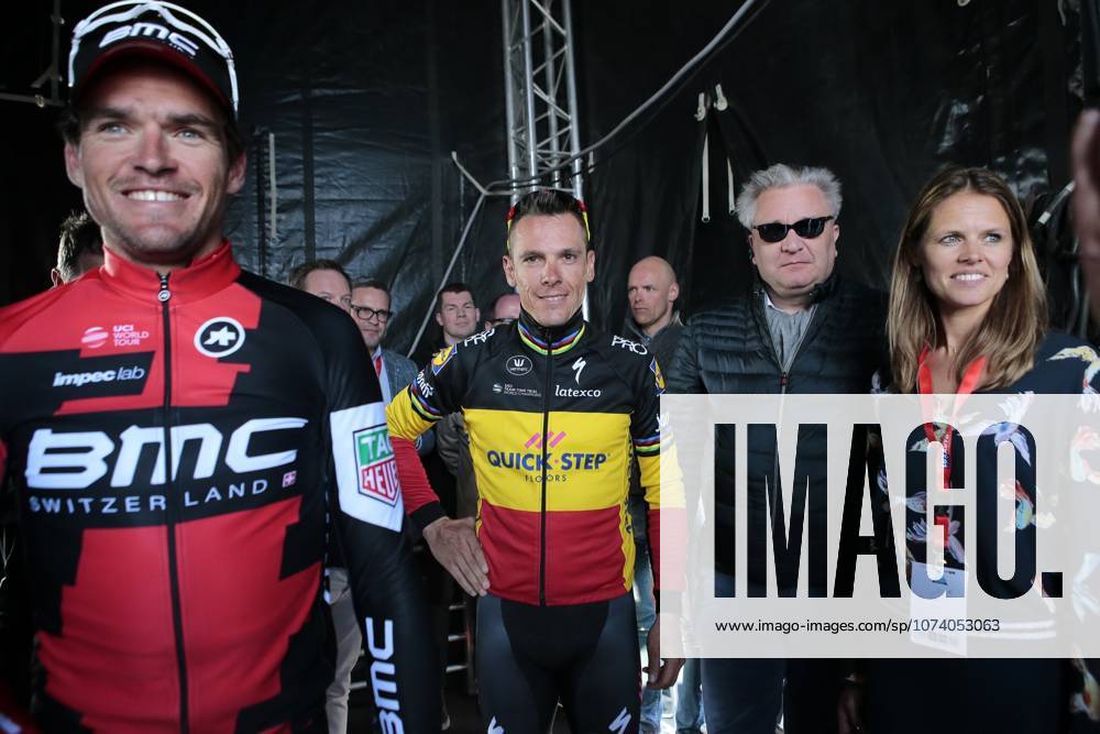 Road cycling, Rad, Radsport, Strasse illustration pictures HARELBEKE, BELGIUM - MARCH 24 : GILBERT Philippe (BEL) Rider of Quick-Step Floors Cycling team, VAN AVERMAET Greg (BEL) Rider of BMC RACING TEAM with Prins Laurent of Belgium before the podium ceremony during the 60th Record Bank E3 Harelbeke UCI World Tour cycling race with start and finish in Harelbeke on March 24, 2017 in Harelbeke, Belgium, 24 03 17 Harelbeke Belgium