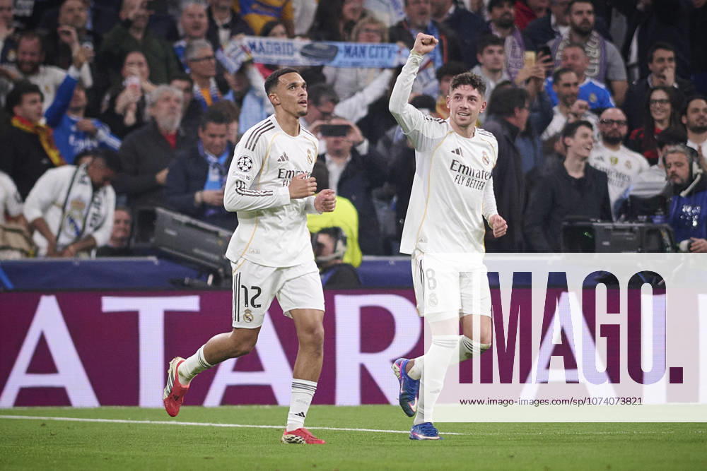 Real Madrid CF s Trent Alexander-Arnold (l) and Fede Valverde celebrate a goal during Champions League 2025 2026 match. March 11,2026. (20260311032)
