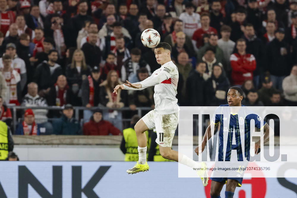 Bilal El Khannouss VfB Stuttgart, 11 on header , Germany, Football, UEFA Europa League, Round of 16, 2025 2026, VfB Stuttgart vs FC Porto, 12 03 2026, Stuttgart Arena Stuttgart Germany