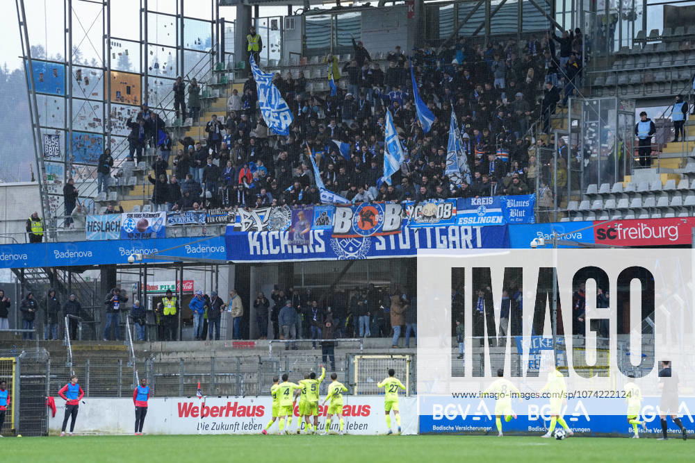 Goal celebration, Emotions, Goal shot, Conclusion, Goal success, Goal in front of the guest block, Fans, Ultras , Germany, Football, Regionalliga Südwest, 24 Matchday, 2025 2026, SC Freiburg II vs SV Stuttgarter Kickers, 14 03 2026, Dreisamstadion, Freiburg, Germany DFB REGULATIONS PROHIBIT ANY USE OF PHOTOGRAPHS AS IMAGE SEQUENCES AND OR QUASI VIDEO Freiburg Dreisamstadion Baden Wuerttemberg Germany