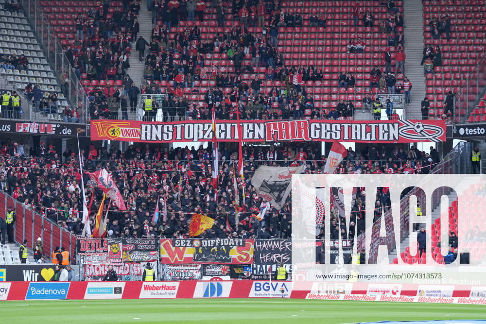 Fans and Ultras banner in the stands, banners, fair kick-off times, Germany, Football, 1 Bundesliga, Matchday 26, 2025 2026, SC Freiburg vs 1 FC Union Berlin, 15 03 2026, Europa Park Stadion, Freiburg, Germany DFL REGULATIONS PROHIBIT ANY USE OF PHOTOGRAPHS AS IMAGE SEQUENCES AND OR QUASI VIDEO Freiburg Europa Park Stadion Baden Württemberg Germany