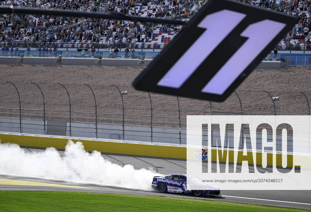 LAS VEGAS, NV - MARCH 15: Denny Hamlin ( 11 Joe Gibbs Racing Yahoo! Toyota) celebrates with a burnout down the front straight after winning the NASCAR, Motorsport, USA Cup Series Pennzoil 400 on March 15, 2026, at Las Vegas Motor Speedway in Las Vegas, NV. (Photo by Will Lester Icon Sportswire) AUTO: MAR 15 NASCAR Cup Series Pennzoil 400 Icon24031515441