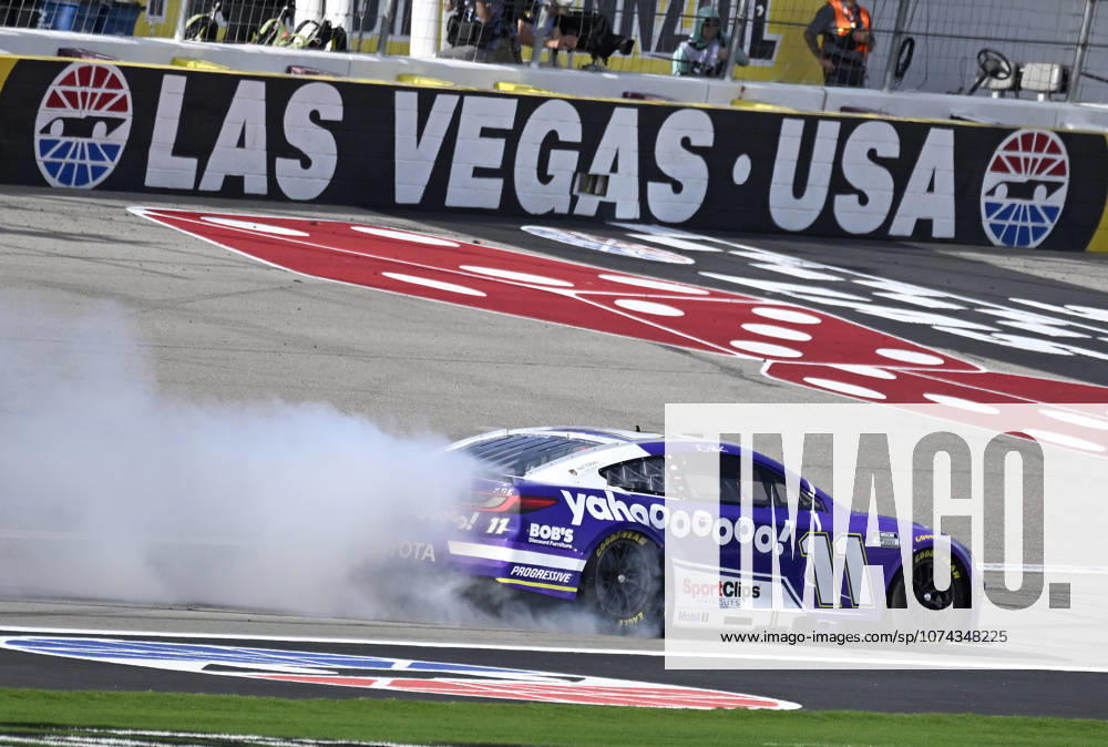 LAS VEGAS, NV - MARCH 15: Denny Hamlin ( 11 Joe Gibbs Racing Yahoo! Toyota) celebrates with a burnout down the front straight after winning the NASCAR, Motorsport, USA Cup Series Pennzoil 400 on March 15, 2026, at Las Vegas Motor Speedway in Las Vegas, NV. (Photo by Will Lester Icon Sportswire) AUTO: MAR 15 NASCAR Cup Series Pennzoil 400 Icon24031515677