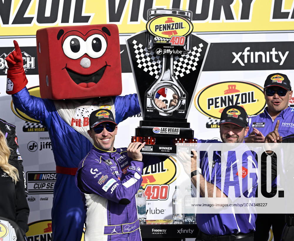 LAS VEGAS, NV - MARCH 15: Denny Hamlin ( 11 Joe Gibbs Racing Yahoo! Toyota) celebrates in victory lane after winning the NASCAR, Motorsport, USA Cup Series Pennzoil 400 on March 15, 2026, at Las Vegas Motor Speedway in Las Vegas, NV. (Photo by Will Lester Icon Sportswire) AUTO: MAR 15 NASCAR Cup Series Pennzoil 400 Icon24031516010