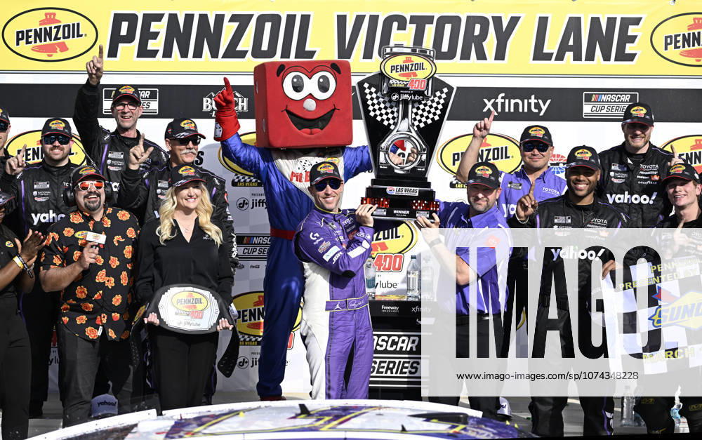 LAS VEGAS, NV - MARCH 15: Denny Hamlin ( 11 Joe Gibbs Racing Yahoo! Toyota) celebrates in victory lane after winning the NASCAR, Motorsport, USA Cup Series Pennzoil 400 on March 15, 2026, at Las Vegas Motor Speedway in Las Vegas, NV. (Photo by Will Lester Icon Sportswire) AUTO: MAR 15 NASCAR Cup Series Pennzoil 400 Icon24031516028