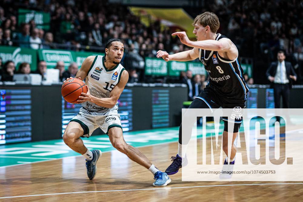 Jordan Roland Gladiators Trier in duel with Jarged Grey Veolia Towers Hamburg , Vet Concept Gladiators Trier vs Veolia Towers Hamburg, Basketball, easyCredit BBL, 25 Matchday, Season 2025 2026, 18 03 2026 Vet Concept Gladiators Trier vs Veolia Towers Hamburg, Basketball, easyCredit BBL, 25 Matchday, Season 2025 2026